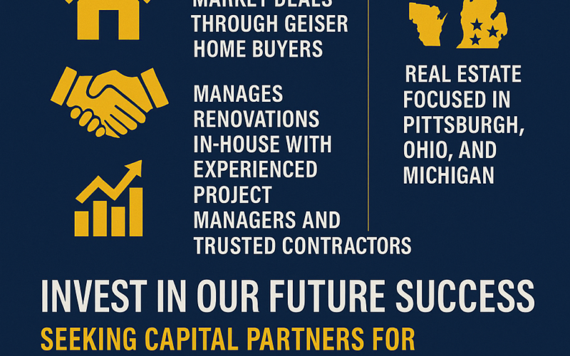 Infographic promoting Geiser REI Services and Marcus R. Geiser Sr.’s real estate investment opportunities, highlighting off-market deals, in-house renovations, and capital partner invitations.
