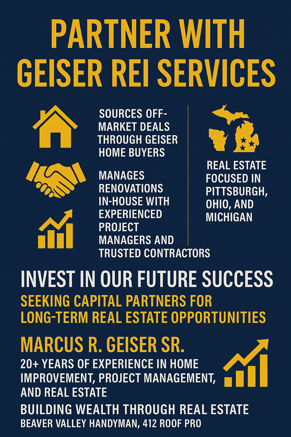 Infographic promoting Geiser REI Services and Marcus R. Geiser Sr.’s real estate investment opportunities, highlighting off-market deals, in-house renovations, and capital partner invitations.