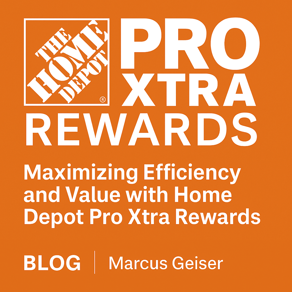 Home Depot Pro Xtra Rewards promotional graphic for Marcus Geiser’s blog about maximizing efficiency in real estate and renovation projects.