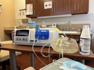 Baxter HomeChoice Claria peritoneal dialysis machine set up for home treatment.
