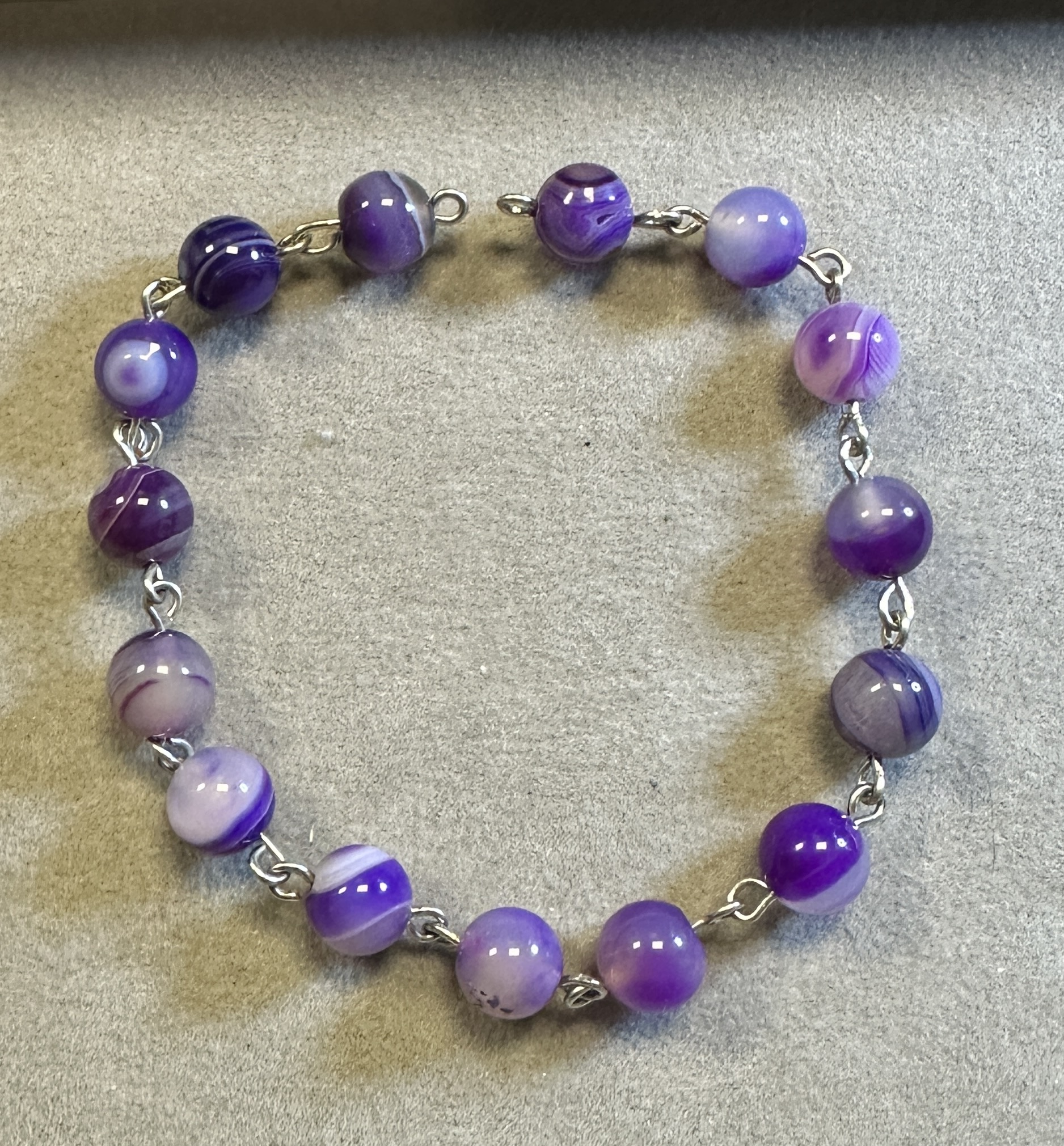 Handmade natural stone wire-wrap bracelet with round gemstone beads and silver wire links by Alexis Home Goods