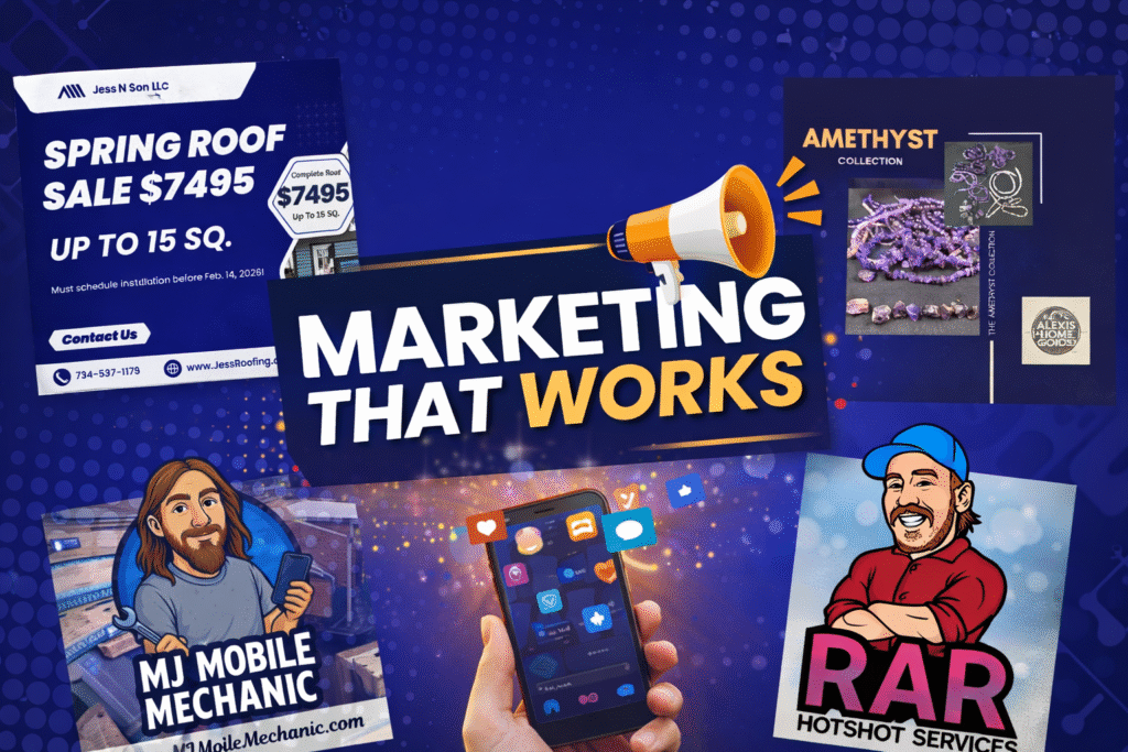 Marketing that works graphic showing branded ads, logos, and content from roofing, mobile mechanic, logistics, and ecommerce businesses demonstrating consistent content and visual marketing.