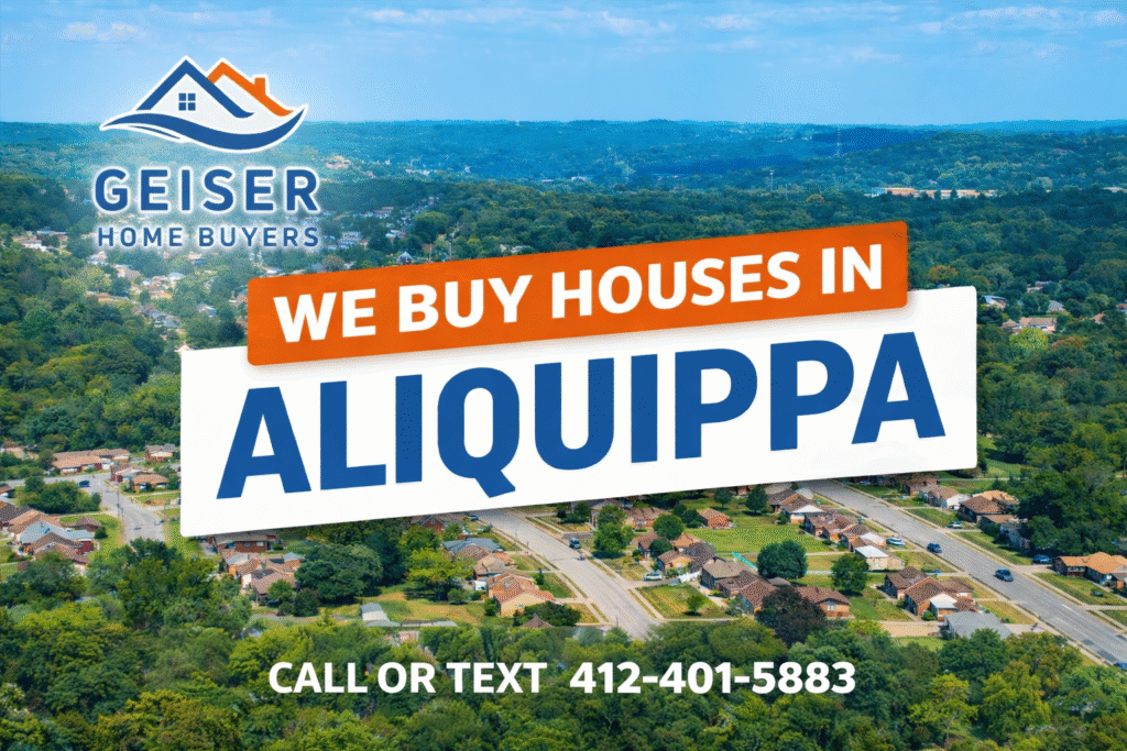 Aerial view of residential neighborhoods in Aliquippa Pennsylvania where Geiser Home Buyers helps homeowners sell houses quickly and as-is.