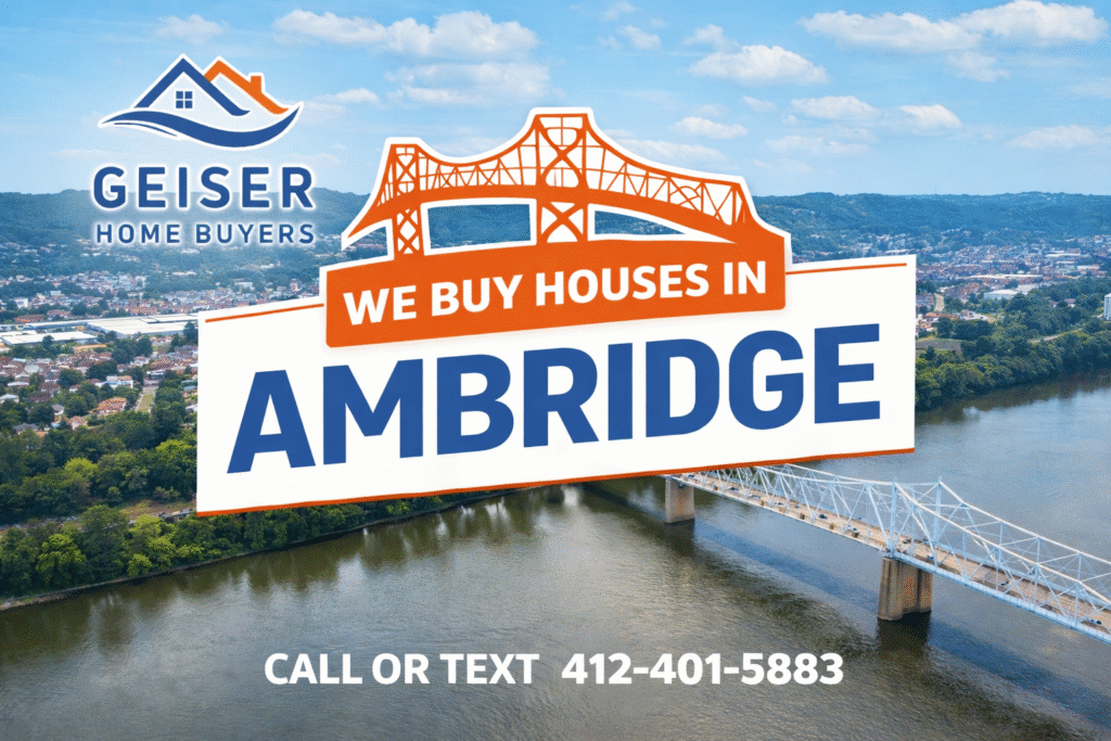 Aerial view of Ambridge Pennsylvania and the Ohio River bridge with “We Buy Houses in Ambridge” text by Geiser Home Buyers for local homeowners looking to sell their house as-is.