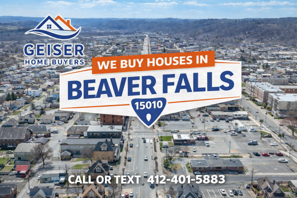 Aerial view of downtown Beaver Falls Pennsylvania with “We Buy Houses in Beaver Falls” text by Geiser Home Buyers.