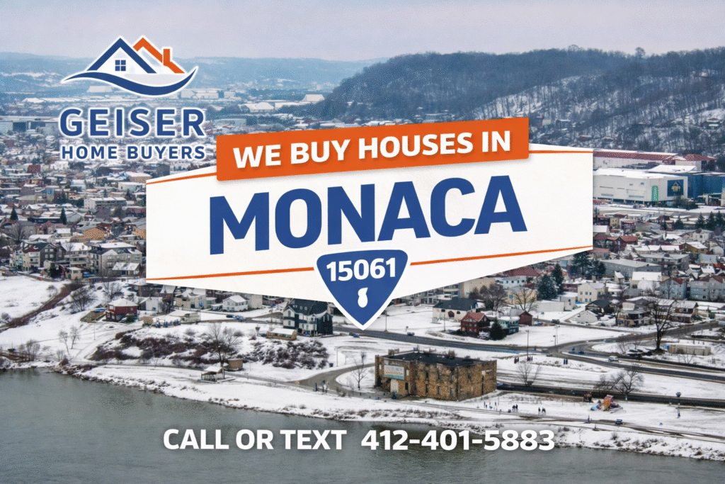 Aerial winter view of Monaca Pennsylvania along the river with “We Buy Houses in Monaca” text by Geiser Home Buyers.