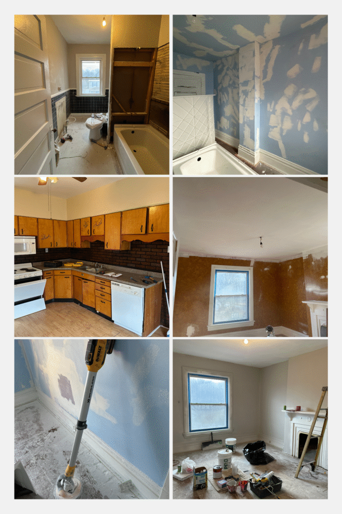 Before and after interior renovation showing updated kitchen, living room, bathroom, and bedrooms in a fully remodeled fix-and-flip home.