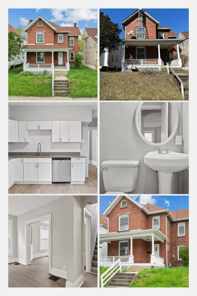 These images document the active construction stage of a real estate investment renovation, including bathroom demolition, wall repair, painting preparation, and kitchen removal—illustrating the hands-on work required to transform distressed properties into profitable assets.