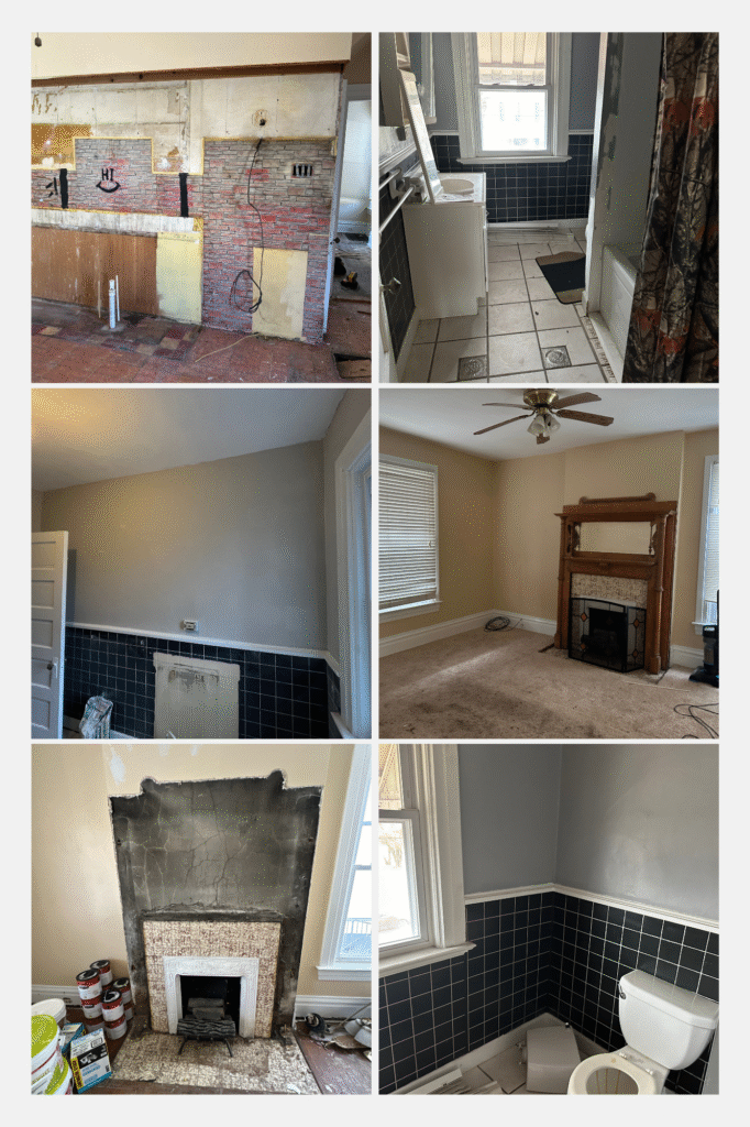 Before and after exterior and interior renovation of a brick single-family investment property transformed for resale.