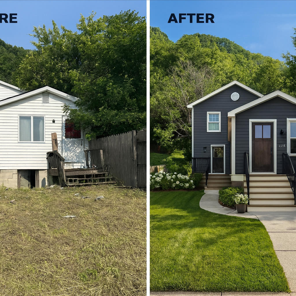 Before and after renovation of a distressed home in Western Pennsylvania transformed into a market-ready property through professional real estate investing and construction management.