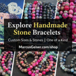 Handmade natural stone bracelets by Marcus R. Geiser Sr featuring amethyst, rose quartz, jasper, lava stone, and custom gemstone designs available at MarcusGeiser.com shop