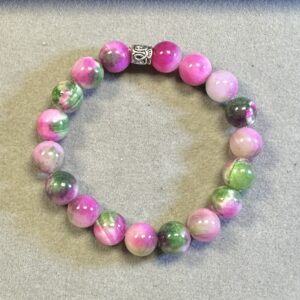 Handmade 10mm pink tourmaline and Persian jade bracelet with polished natural gemstone beads