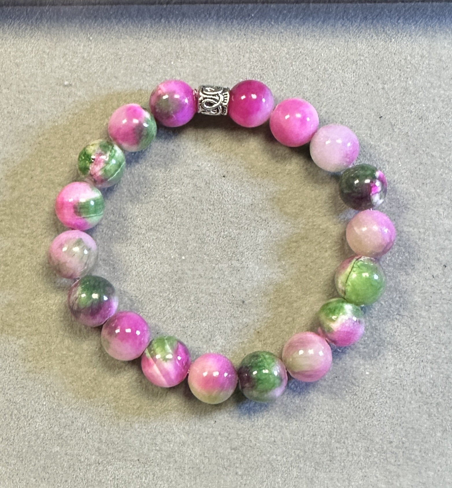 Handmade 10mm pink tourmaline and Persian jade bracelet with polished natural gemstone beads