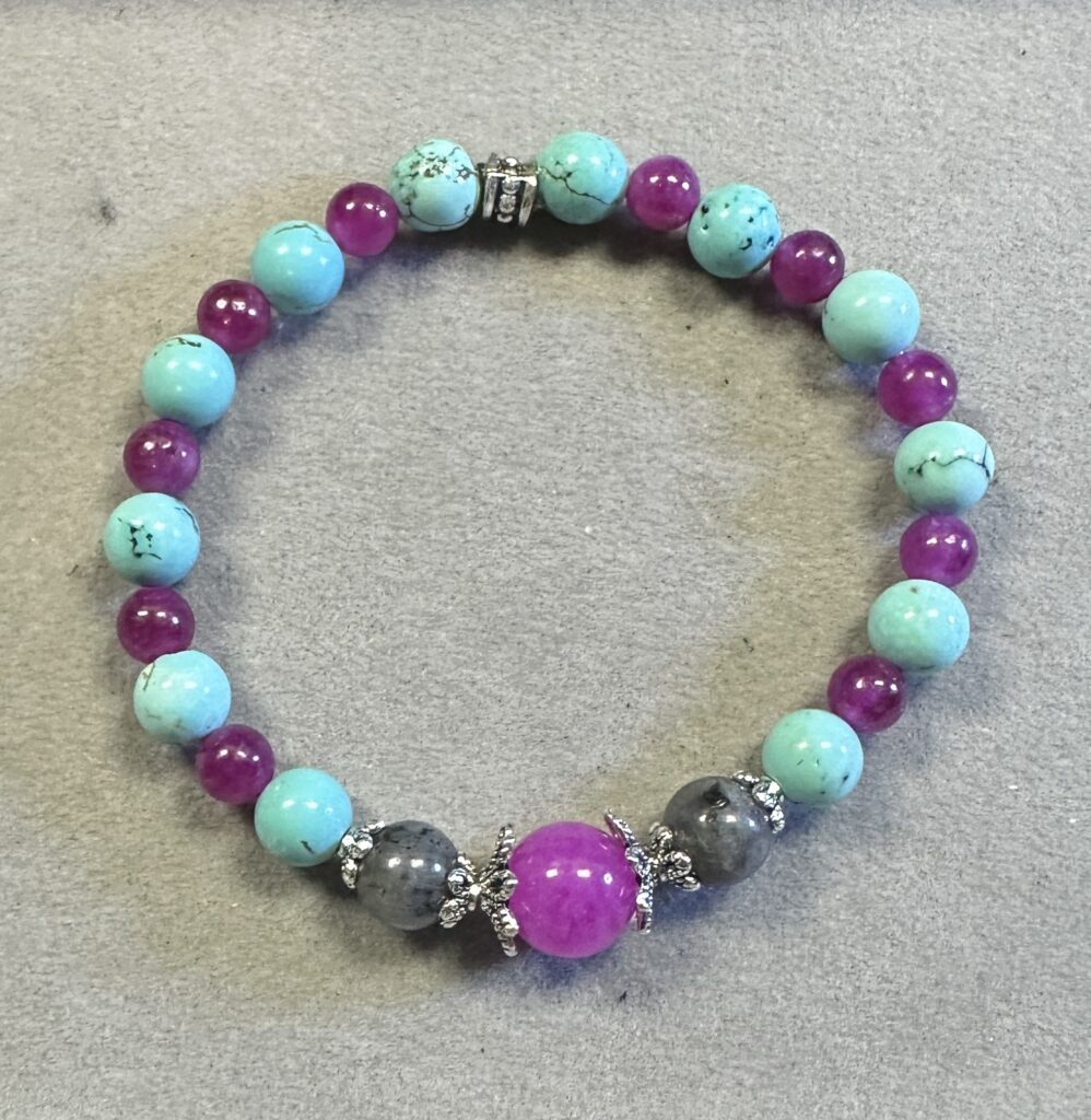 Handmade howlite, black labradorite, and pink tourmaline bracelet with natural polished gemstone beads