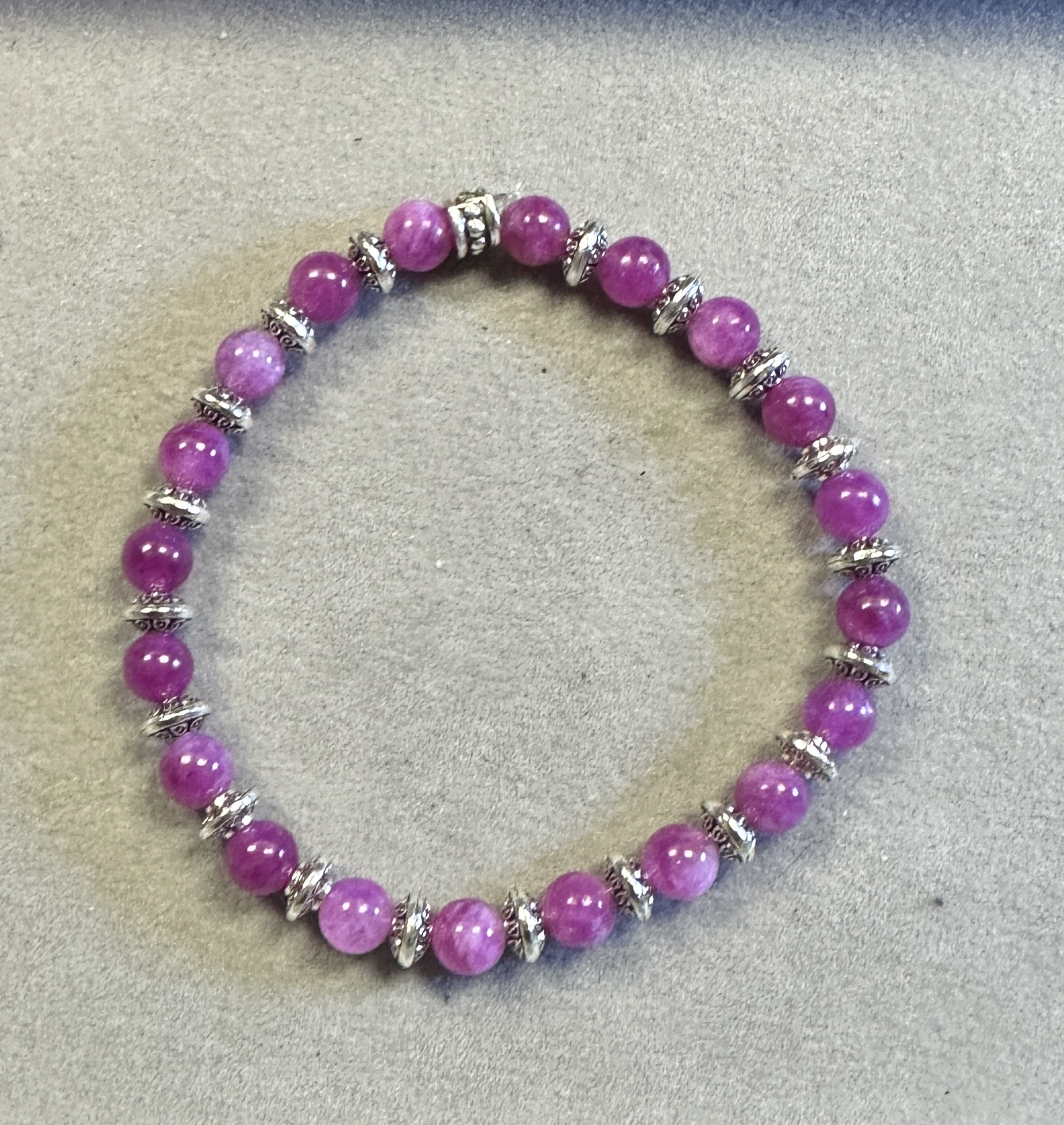 Handmade 8mm pink tourmaline bracelet with Tibetan silver spacer and polished natural gemstone beads