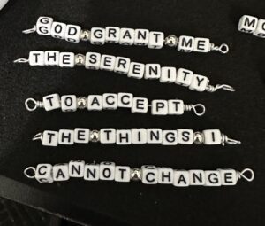 Serenity Prayer bead bracelet with natural gemstones and inspirational recovery message