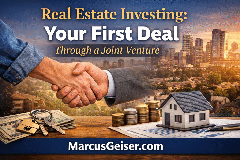 Handshake over a house model and financial documents representing a joint venture real estate investment partnership and first fix-and-flip deal.