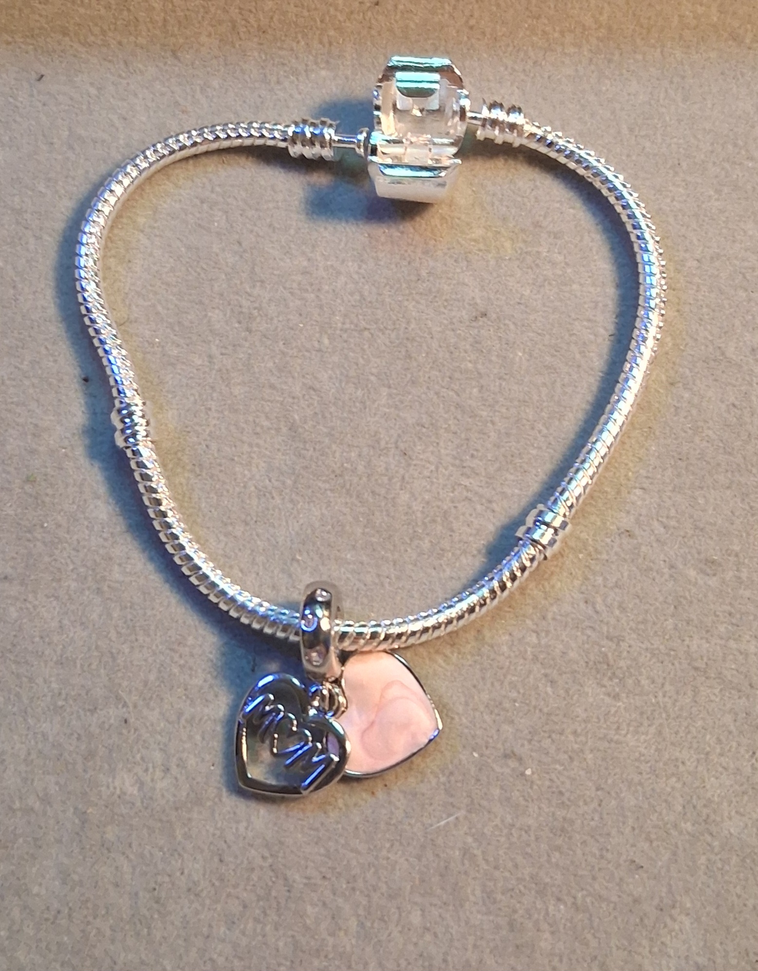 sterling silver mom charm bracelet with heart pendant on snake chain bracelet