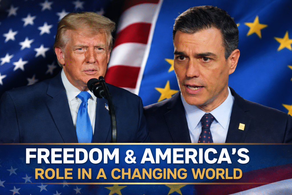 U.S. President Donald Trump and Spanish Prime Minister Pedro Sánchez against American and European flags representing debate over U.S. bases in Spain and America’s global role in freedom and foreign policy.