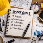 Notebook with SMART goals written on a checklist with construction plans and business notes